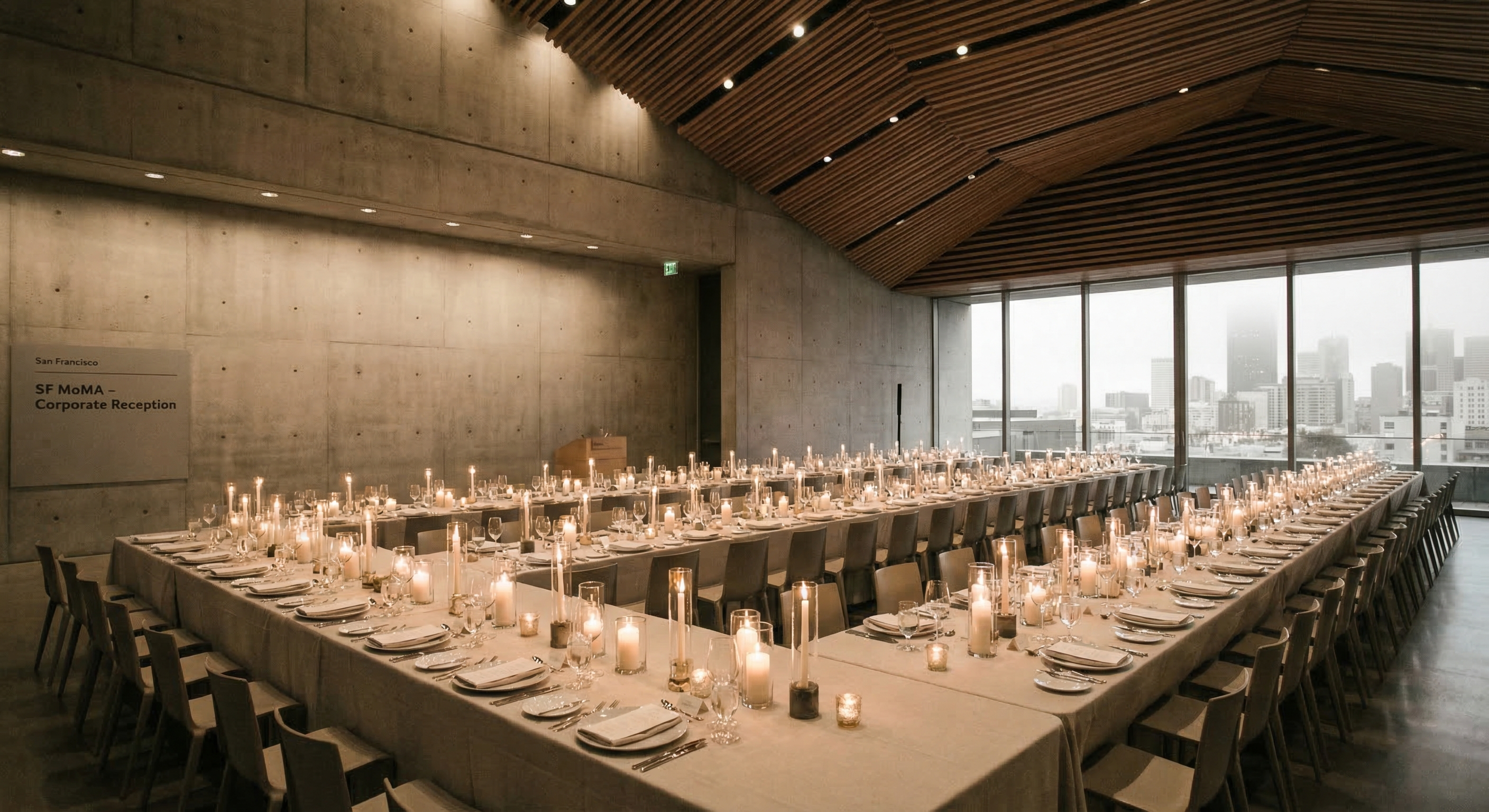 Luxury corporate event space with candlelit dinner setup