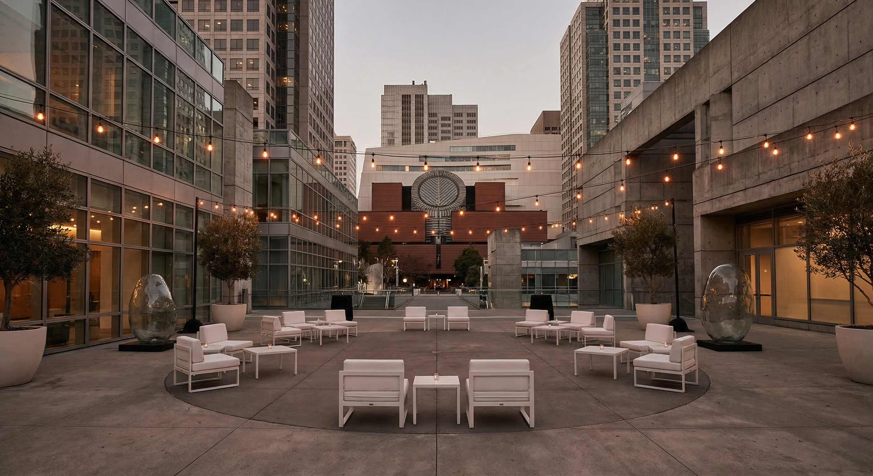 Yerba Buena Plaza outdoor event setup at twilight